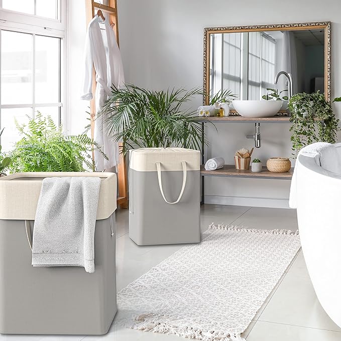 Simple Houseware 75L Collapsible Laundry Hamper, Rectangle Cotton Basket with Drawstring Closure and Handles, Gray