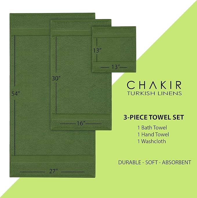Chakir Turkish Linens | Hotel & Spa Quality 100% Cotton Premium Turkish Towels | Soft & Absorbent (3-Piece Towel Sets, Moss)