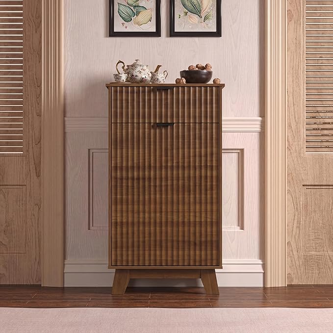 Wodeer Tilt Out Laundry Hamper Cabinet with Storage and Drawer, 10 Gallon Fluted Hidden Trash Can Cabinet, Farmhouse Wood Laundry Basket for Bathroom, Kitchen, Walnut, 20.47" W x 12.99" D x 35.82" H