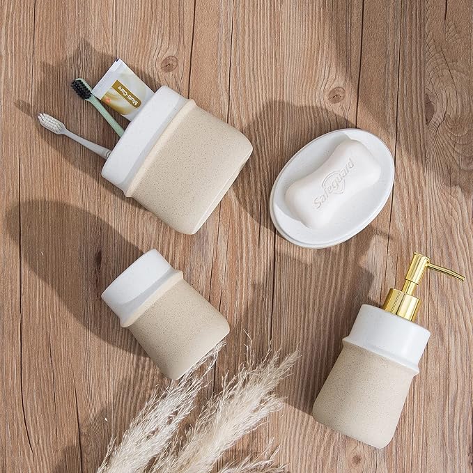 Bathroom Accessories Set,Farmhouse Bathroom Decor,4 Pcs Ceramic Gift Set Apartment Necessities, Contain Toothbrush Cup,Soap Dispenser,Soap Dish,Tumbler,Beige