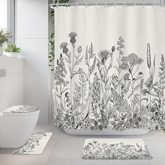 Riyidecor Black Grey Floral Wildflower 4Pcs Bathroom Shower Curtain Sets Botanical Rustic Leaves Bathroom Decor Set with Rugs and Accessories Vintage Toilet Lid Rug, Contour and Bath Mat with 12 Hooks