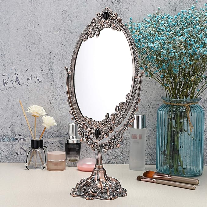 JUXYES Metal Tabletop Antique Decorative Makeup Mirror with Stand, Vintage Swivel Double Sided Cosmetic Mirror with Frame, Retro Desktop Oval Dressing Mirror for Bathroom Bedroom
