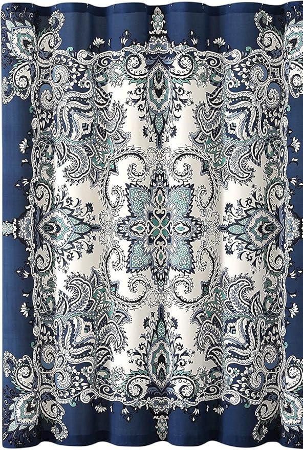 Serafina Home Boho Shower Curtain, Navy Teal White Mandala Floral Design, Fabric, 72 x 72 inches, Stain-Resistant, Paisley Pattern, with Hooks