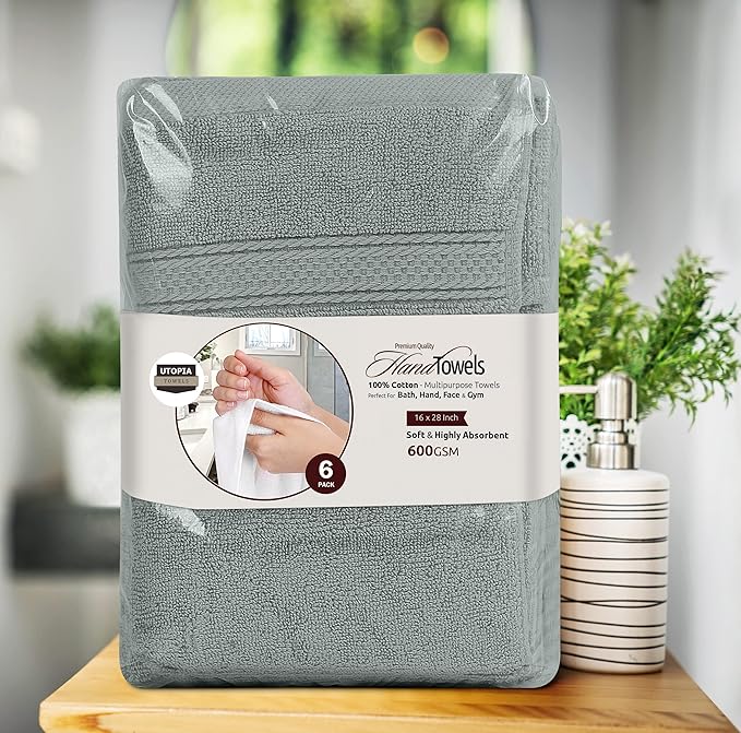 Utopia Towels 6 Pack Premium Hand Towels Set, 16 by 28 inches, 100% Ring Spun Cotton, Ultra Soft and Highly Absorbent 600GSM Towels for Bathroom, Gym, Shower, Hotel, and Spa, Cool Grey