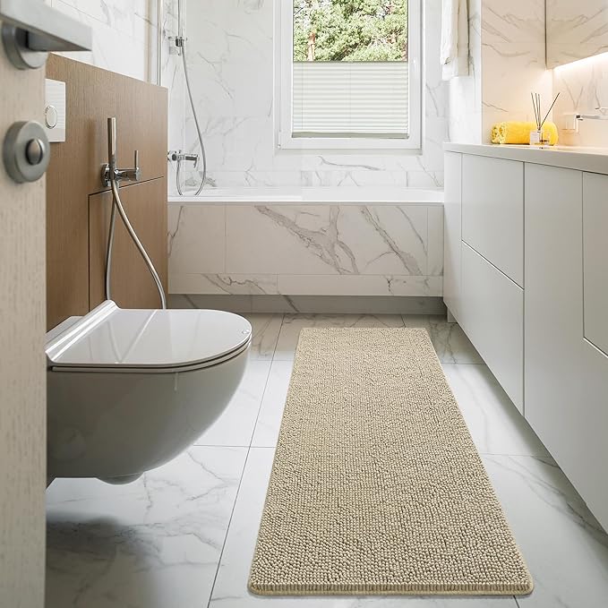 LOCHAS Luxury Bathroom Rug Shaggy Bath Mat 24 x 60 Inch, Washable Non Slip Bath Rugs for Bathroom Shower, Soft Plush Chenille Absorbent Carpets Mats, Beige