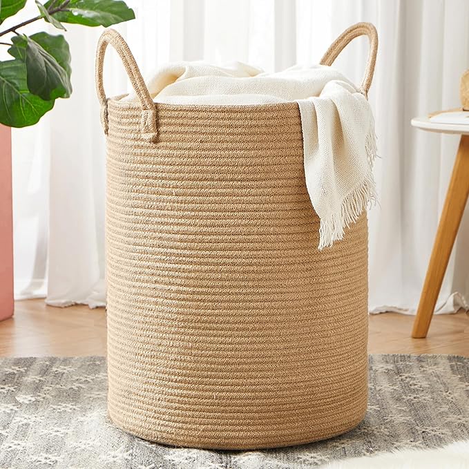 15Dx20H inches Jute Woven Hamper Laundry Basket Wicker Rope Clothes Hamper for Baby Nursery Kids Tall Rattan Blanket Basket in Living Room Bedroom 62L Large Capacity