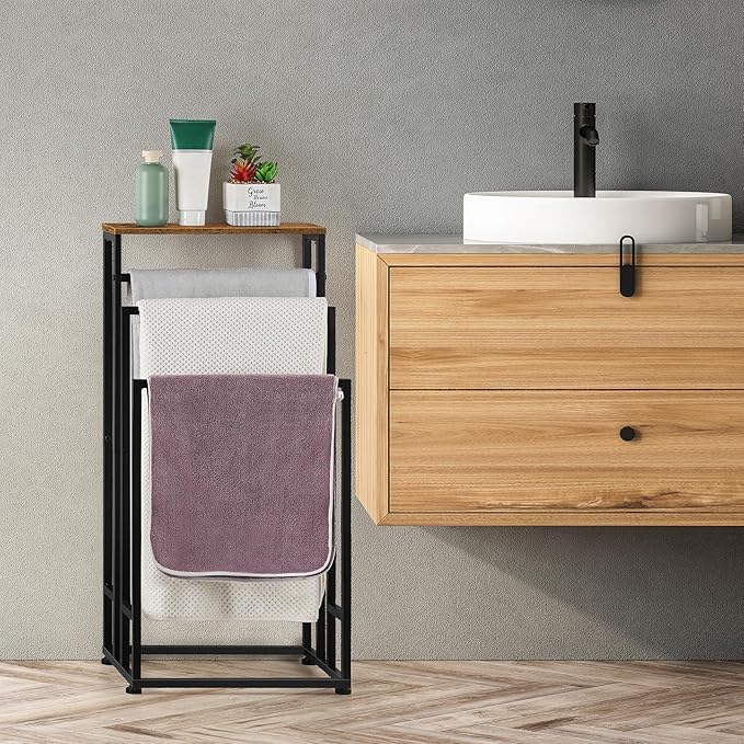 Freestanding Towel Racks for Bathroom 3 Tier Towel Drying Rack Small Standing Towel Rack with Shelf Hand Towel Holder Stand for Bathroom Floor Dorm Laundry Room (Rustic Brown)