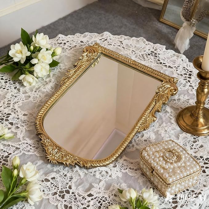 Baroque Gold Vintage Vanity Mirror 13x10 Inch, Wall-Mounted & Tabletop Dual-Use, Ornate Gold Accent Retro Decorative Mirror for Bedroom Dresser, Bathroom, Living Room and Dorm