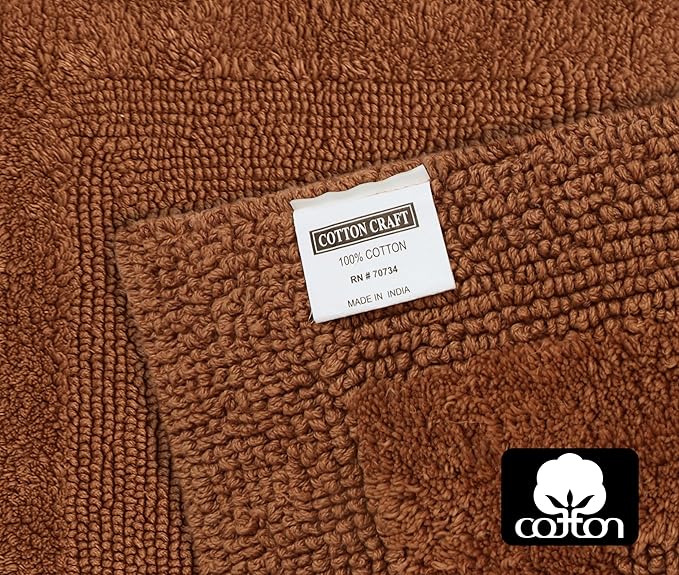 COTTON CRAFT Luxurious Bathmat Rug - Set of 2 Reversible Heavyweight Step Out Bath Mats for Bathroom Floor, Tub and Shower - Pure Cotton Soft Plush Absorbent Tufted Racetrack Mat - 17x24 - Mocha