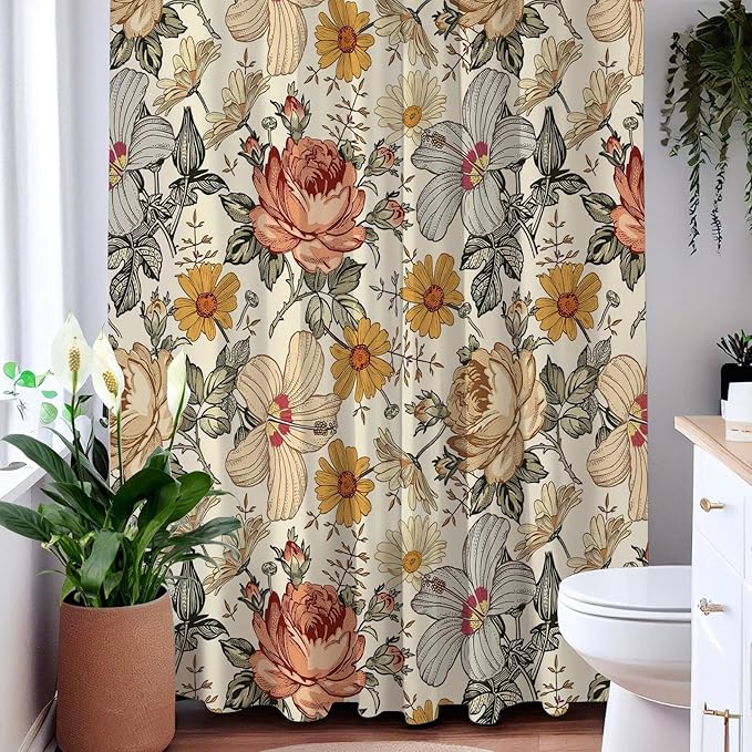 Vintage Watercolor Floral Shower Curtain for Bathroom,Boho Botanical Wildflower Shower Curtains,Funny Waterproof Polyester Cottagecore and Farmhouse Bathroom Decor,72x72 Inch