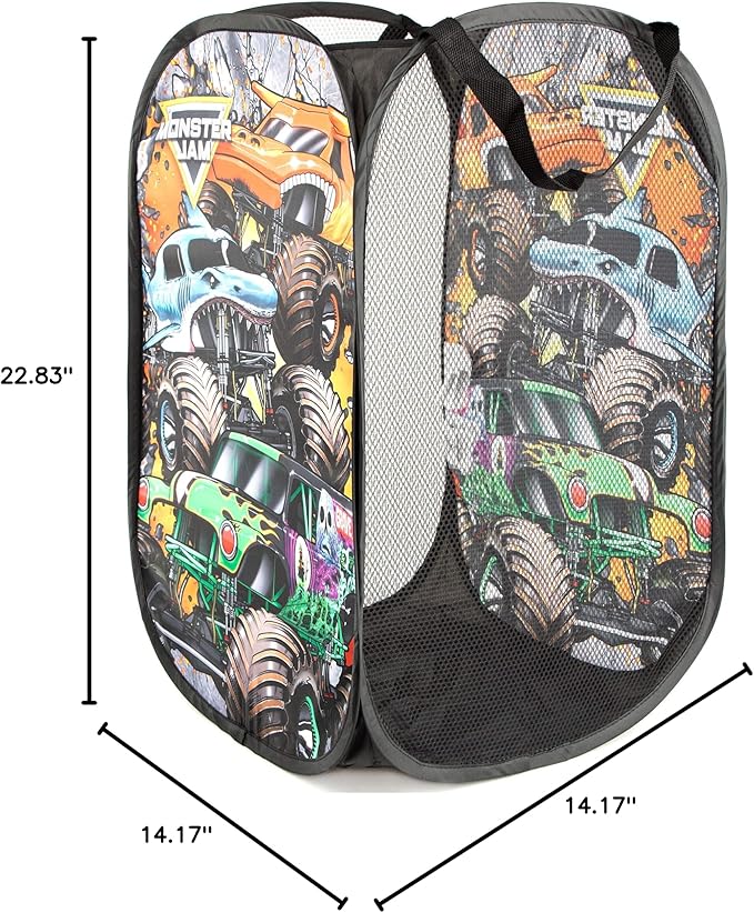 Jay Franco Monster Jam Break Out Pop Up Hamper - Mesh Laundry Basket/Bag with Durable Handles - Features Grave Digger & Megalodon