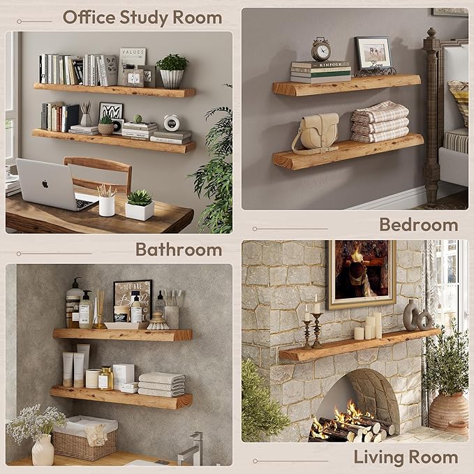 Marsmiles 24 inch Floating Shelves for Wall Elm Wood Live Edge Shelves|Rustic Wall Shelves with Invisible Heavy-Duty Bracket for Bathroom Living Room Kitchen|Natural, 2 Pack