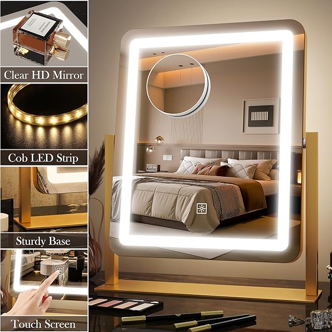 15" x13" Vanity Mirror with Lights, LED Makeup Mirror with Lights, 10X Magnification Mirror with 360°Rotation, 3 Color Modes & Dimmables,Light up Makeup Mirror for Vanity Desk, Travel,Gold
