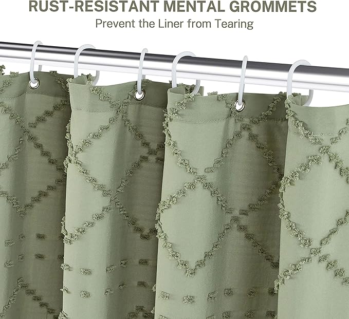 Small Stall Boho Shower Curtain - Sage Green Tassle Woven Fabric - 36 x 72 Half Size - Tufted Chevron Striped Textured Modern Farmhouse Minimalist Cloth Shower Curtain for Bathroom