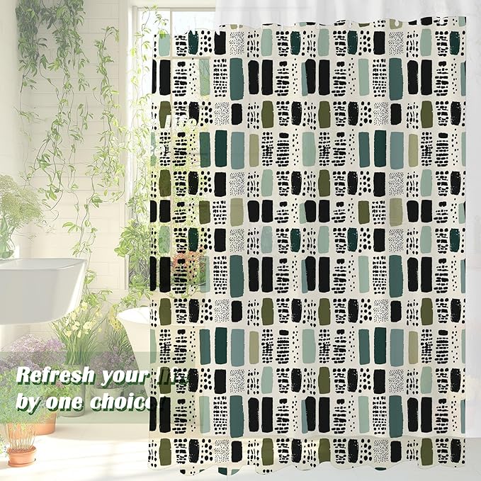 Boho Sage Green Shower Curtain for Bathroom,72x84 Extra Long Bohemian Green Checkered Shower Curtains,Funny Sage Geometric Bathroom Decor Accessories