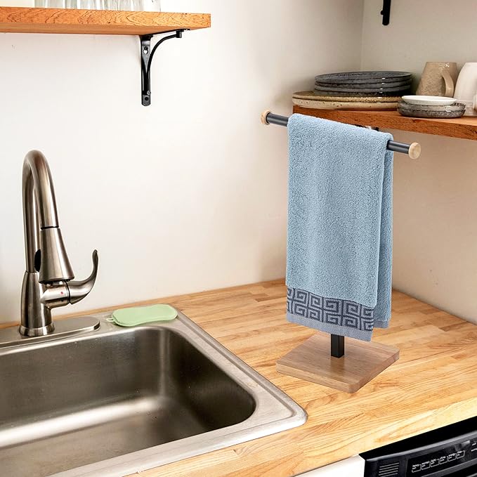 ZCDCP Hand Towel Holder Stand, T-Shape Stainless Steel Towel Rack for Bathroom Countertop with Wood Base, Black Freestanding Hand Towel Holder