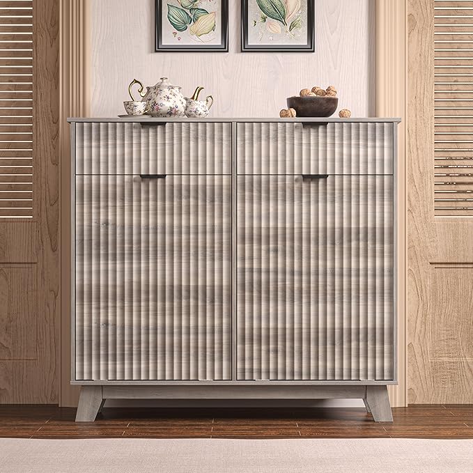 Wodeer Double Tilt Out Laundry Hamper Cabinet with 2 Drawers & Baskets, 20 Gallon Fluted Hidden Trash Can Cabinet, Farmhouse Wood Laundry Storage Cabinets for Bathroom, Kitchen, Grey