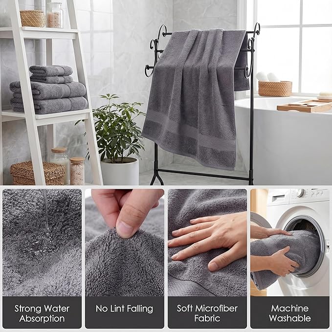 Bathroom Accessories Set - Bathroom Set with Shower Curtain and No Slip Rugs, Trash Can, Toilet Brush Holder Set, Soap Dispenser & Bath Towels - Stylish Bath Decor for Home, Apartment, Grey, 25PCS