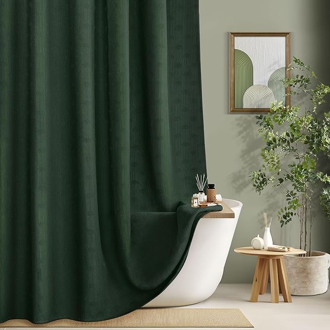 Dark Green Shower Curtain Boho Cotton Texture Mid Century Minimalist Arch Shower Curtain for Bathroom,72" W X 78" L