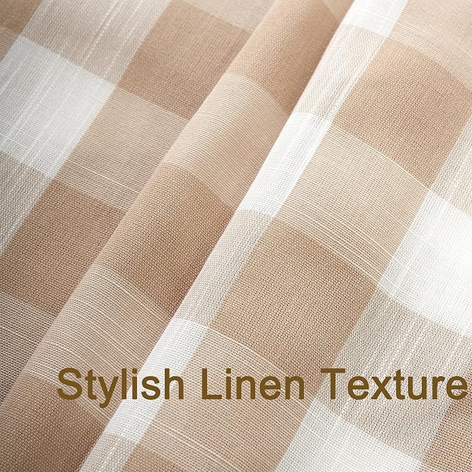 VOILYBIRD Tan and White Shower Curtain Linen Texture Buffalo Plaid Farmhouse and Boho Mix with Pompom 36" W x 72" L