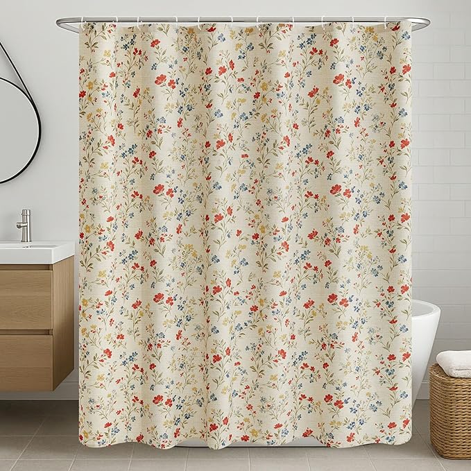 Boao Floral Shower Curtain Linen Farmhouse Cottagecore Spring Shower Curtain Boho Rustic Wildflowers Water Repellent for Bathroom Farmhouse 72" W x 72" L(Vintage Flower)