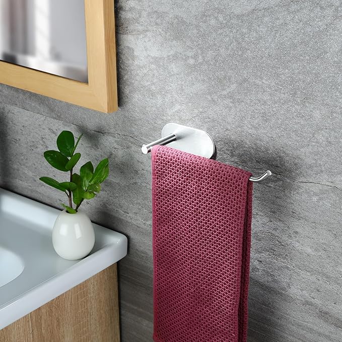 ZUNTO 2-Pack Self-Adhesive Hand Towel Holder for Bathroom, 9in Strong Adhesive Towel Rack Stick on Wall, No Drilling Towel Rings Set, Modern Brushed Stainless Steel