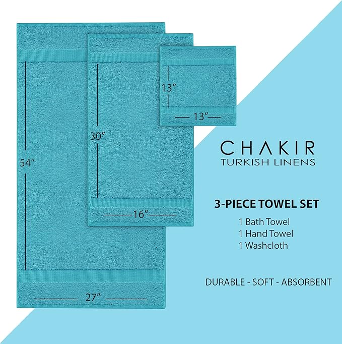 Chakir Turkish Linens | Hotel & Spa Quality 100% Cotton Premium Turkish Towels | Soft & Absorbent (3 Piece Towel Sets, Aqua)