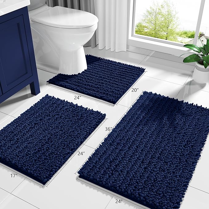 Yimobra Bathroom Rugs Non Slip Washable - Ultra Soft Absorbent Chenille Bath Mat, Quick Dry Shaggy Floor Carpet for Tub Shower, Navy Blue Home Decor Accessories, 24x17 Inch