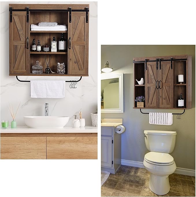 RUSTOWN Rustic Wood Wall Storage Cabinet with Two Sliding Barn Door, 3-Tier Decorative Farmhouse Vintage Cabinet for Kitchen Dining, Bathroom, Living Room, Rustic Oak