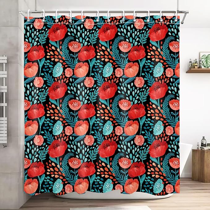 Red Floral Shower Curtain Butterfly Flower Bathroom Shower Curtain Set Boho Cute Shower Curtains Fabric Cloth Shower Curtain