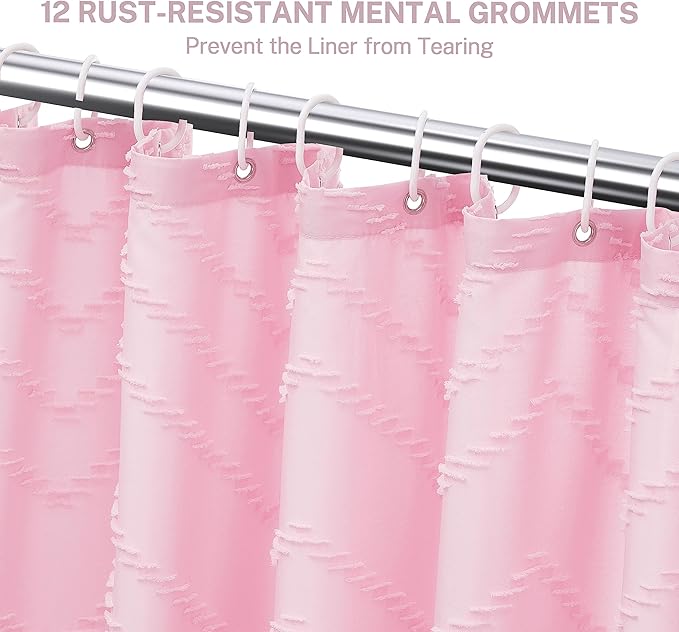 Pink Extra Long Boho Shower Curtain Pink Woven Fabric 78 in Shower Curtain, Tufted Chevron Striped, 72 x 78, Modern Chic Textured Minimalist Cute Shower Curtain for Bathroom