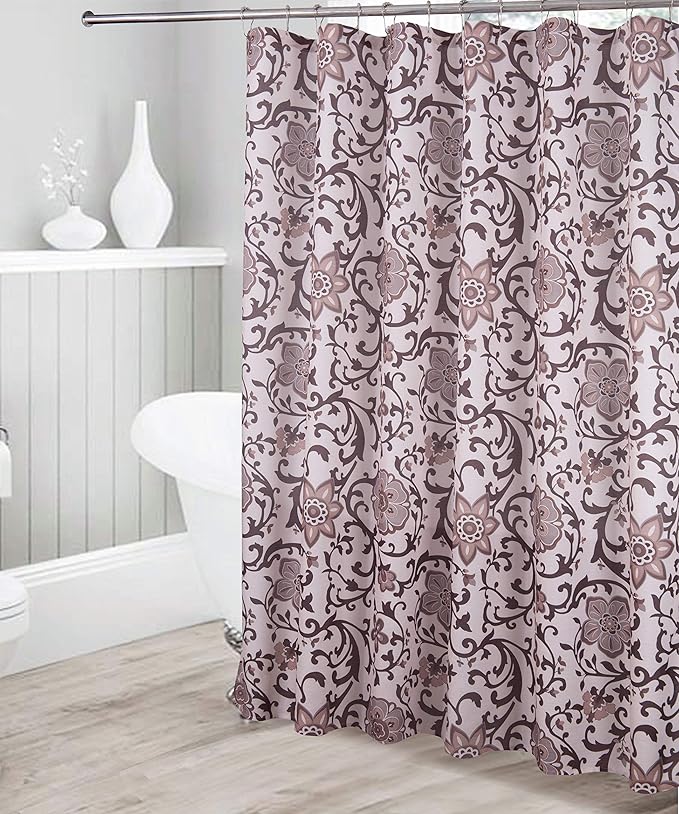Luxury Home Collection 16 Piece Embossed Memory Foam Non-Slip Bathroom Rug Set Includes Bath Rug Mat, Contour Mat, Toilet Lid Cover, Shower Curtain, and 12 Metal Roller Hooks (Coffee/Chocolate)