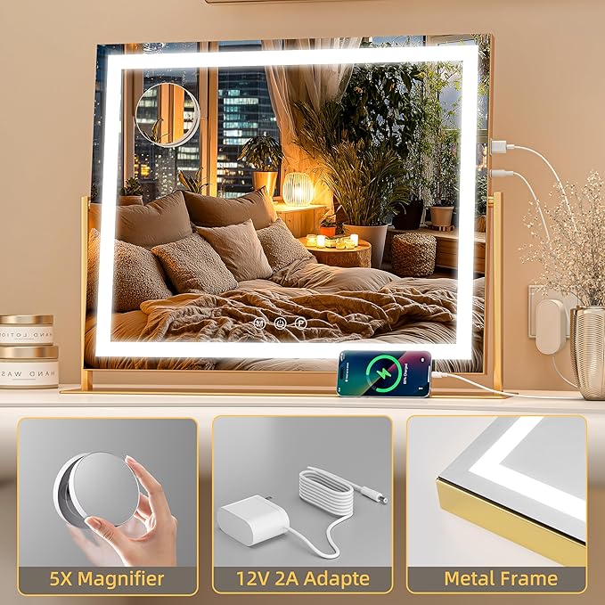 Vanity Mirror with Lights, 26'' x 22'' Lighted Makeup Mirror, Touch Screen with 3-Color Lighting, Dimmable for Vanity Desk Tabletop Square Gold