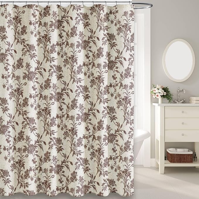 Long Brown Shower Curtain Floral Cotton Linen Cottagecore Shower Curtain for Bathroom 78" L x 72" W