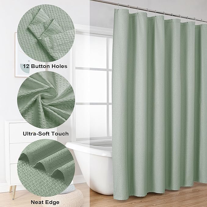 OVZME Berry Sage Green Shower Curtain, Embossed Textured Fabric Shower Curtain for Bathroom - Soft Cloth & Hotel Spa Luxury, Water Repellent, Machine Washable Long Shower Curtain, 72X78, Sage Green
