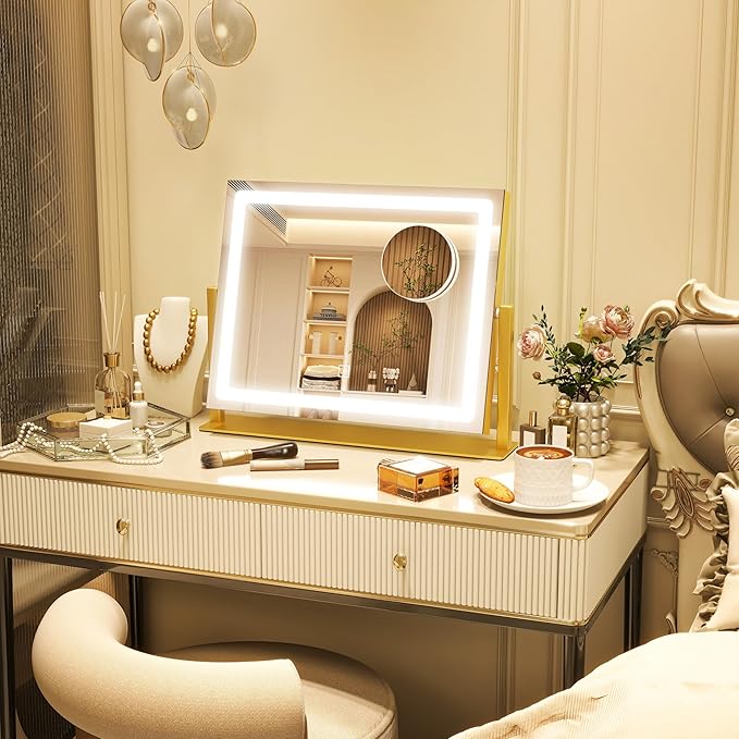 12" x16" LED Vanity Mirror with Lights, Gold Makeup Mirror with Lights, 10X Magnification Mirror with 3 Color Modes&Dimmable, Light up Makeup Mirror for Vanity Desk, Travel