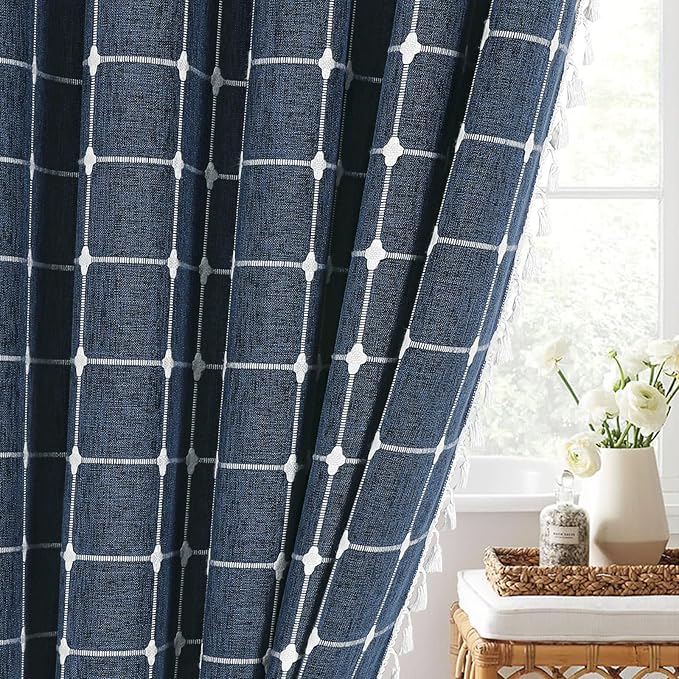 MitoVilla Navy Blue 36 x 72 Boho Small Stall Shower Curtain, Narrow Polyester Linen Fabric Shower Curtains for Farmhouse Bathroom Decor, Half Size Cloth Shower Curtain Set with Hooks
