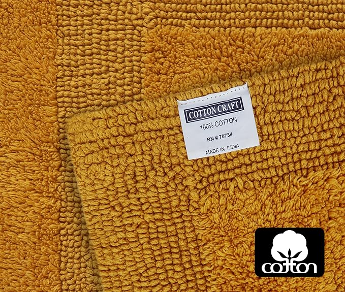 COTTON CRAFT Luxurious Bathmat Rug - Set of 2 Reversible Heavyweight Step Out Bath Mats for Bathroom Floor, Tub and Shower - Pure Cotton Soft Plush Absorbent Tufted Racetrack Mat - 17x24 - Golden Rod