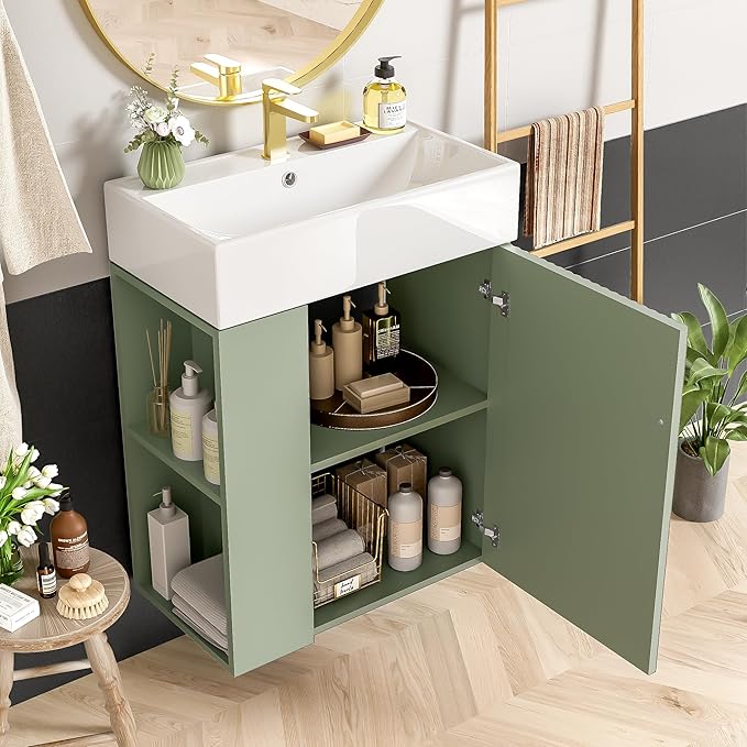 Virubi 21.6 in Floating Bathroom Vanity with Sink,Soft Closing Doors,Solid Wood Frame & MDF Modern Single Small Green Bathroom Vanity Cabinet with Open Shelf,Wall Mounted