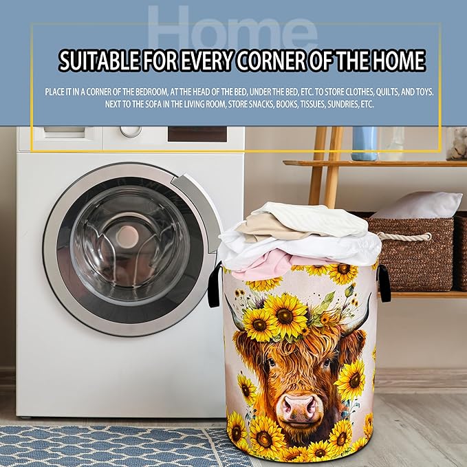 Highland Cow Laundry Basket Sunflower Flowers Foldable Oxford Cloth Funny Tote Bag Laundry Hamper Clothes Storage Bucket Toy Organizer For Bathroom/Laundry Storage/Bedroom 18.9x16.5 Inch