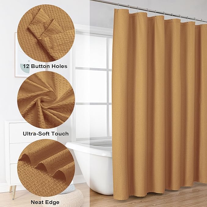 OVZME Gold Extra Long Shower Curtain 72 x 84 Inch, 3D Embossed Textured Fabric Shower Curtain for Bathroom, Hotel Spa Bathroom Curtains, Water Repellent Machine Washable