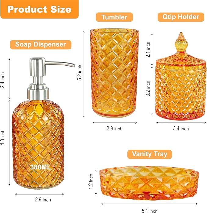 LaMarriti Orange Bathroom Accessories Set, 4Pcs Clear Glass Bathroom Accessory Set, Lotion Soap Dispenser, Toothbrush Holder Set, Soap Dish, Qtip Holder for Vintage Crystal Bath Decor, Burnt Orange
