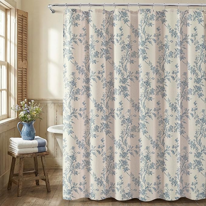 Blue Floral Farmhouse Vintage Linen Shower Curtain, French Country Cottagecore Shower Curtain for Bathroom