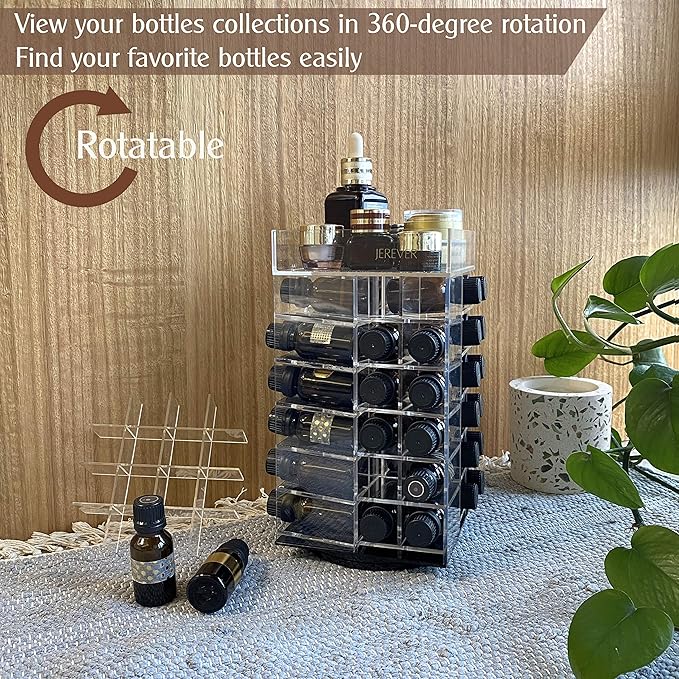 JEREVER Essential Oil Storage Rack Rotating Tower Organizer Acrylic Clear Display Holder for 64 bottles 5ml 10ml 15ml (Bottles not Included)