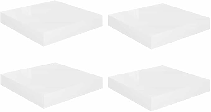 Set of 4 Floating Wall Shelves, Modern High Gloss White Square Shelves for Wall Storage, Decorative Display Shelves for Bedroom, Living Room, and Office, Easy to Install