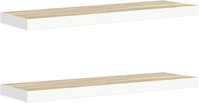 Floating Wall Shelves Set of 2, Invisible Mounting Modern Display Shelves for Living Room Bedroom, 31.5 Inch Oak and White MDF Board with Metal Frame, Holds 22lb Each for Decor Books Plants