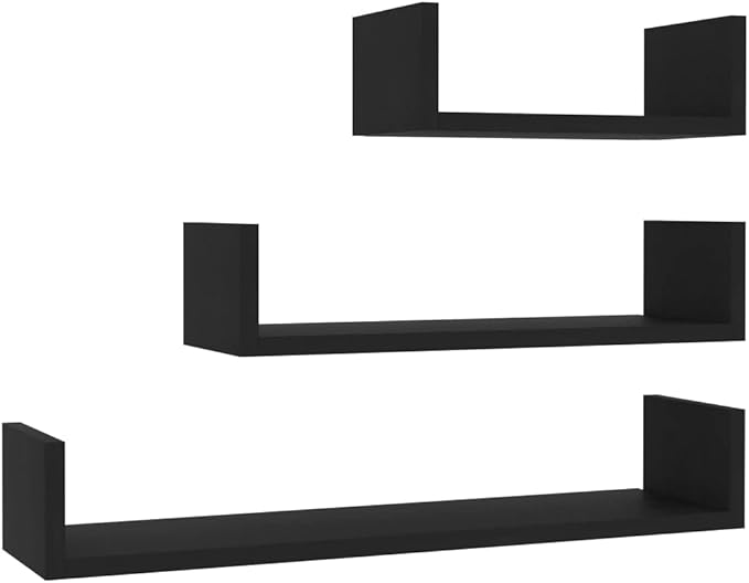 Set of 3 Wall Mounted Floating Shelves, Black Engineered Wood Display Ledge for Living Room, Bedroom, and Kitchen, Modern Decorative Storage Units