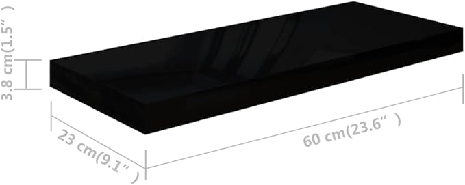 Floating Wall Shelves 2 Pack High Gloss Black Modern Display Shelves 23.6x9.3x1.5 Inches MDF Board for Living Room Bedroom Office Decor Storage
