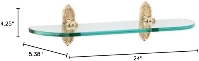 Alno A8550-24-PB Ribbon & Reed Glass Shelf with Traditional Brackets, Polished Brass, 24"