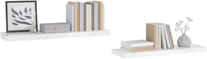 Set of 2 Floating Wall Shelves, 35.4 Inch Modern High Gloss White MDF Decorative Display Ledge for Bedroom, Living Room, and Office Storage